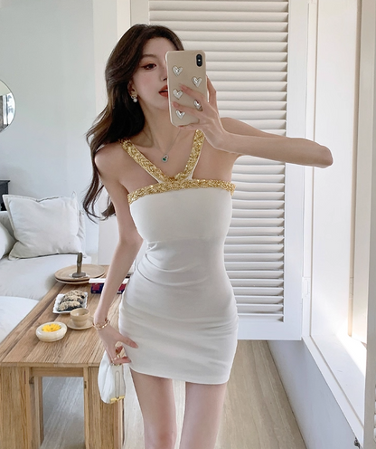 Charming White Sleeveless Bodycon Mini Dress Gorgeous Gold Sequin Trim Short Dress AP2018