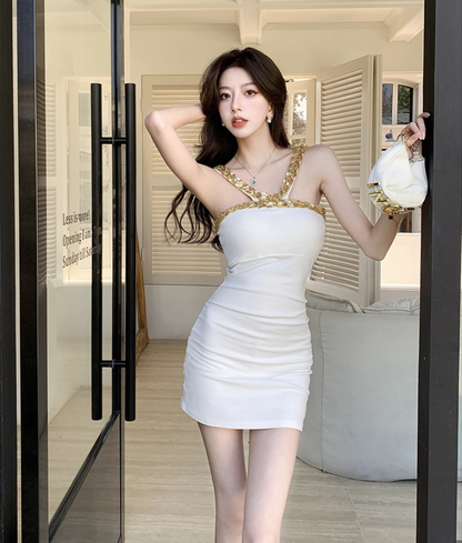 Charming White Sleeveless Bodycon Mini Dress Gorgeous Gold Sequin Trim Short Dress AP2018