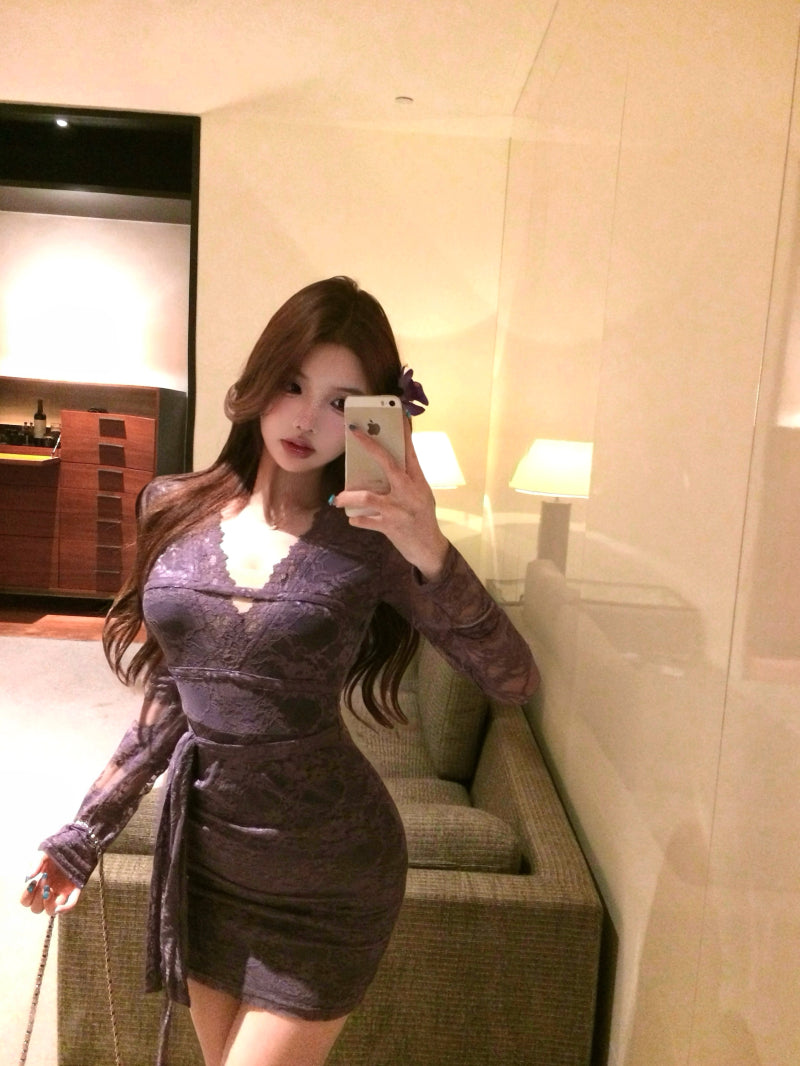 Elegant Purple Sheer Lace Long Sleeve Mini Skirt Vogue Bodycon Waist Tie Evening Events Short Dress AP2019