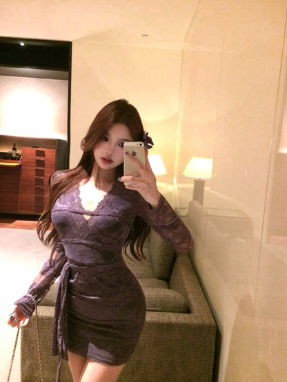 Elegant Purple Sheer Lace Long Sleeve Mini Skirt Vogue Bodycon Waist Tie Evening Events Short Dress AP2019