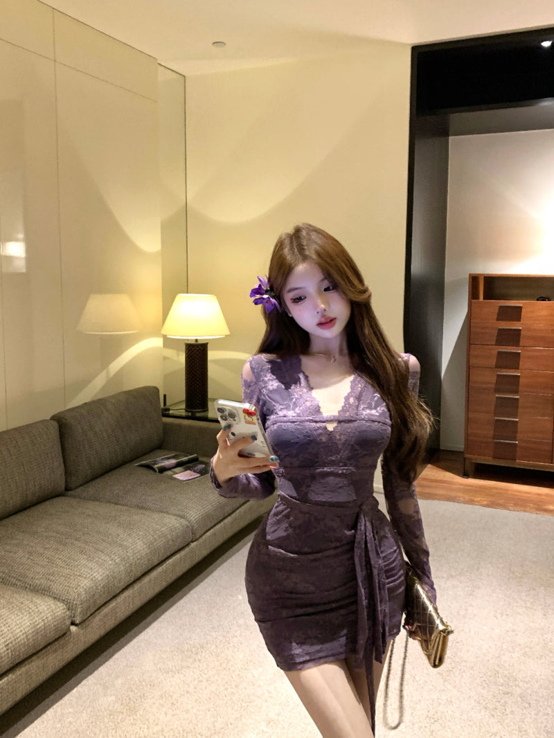 Elegant Purple Sheer Lace Long Sleeve Mini Skirt Vogue Bodycon Waist Tie Evening Events Short Dress AP2019