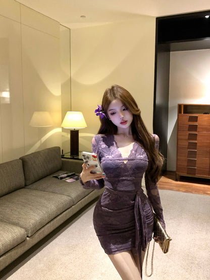 Elegant Purple Sheer Lace Long Sleeve Mini Skirt Vogue Bodycon Waist Tie Evening Events Short Dress AP2019