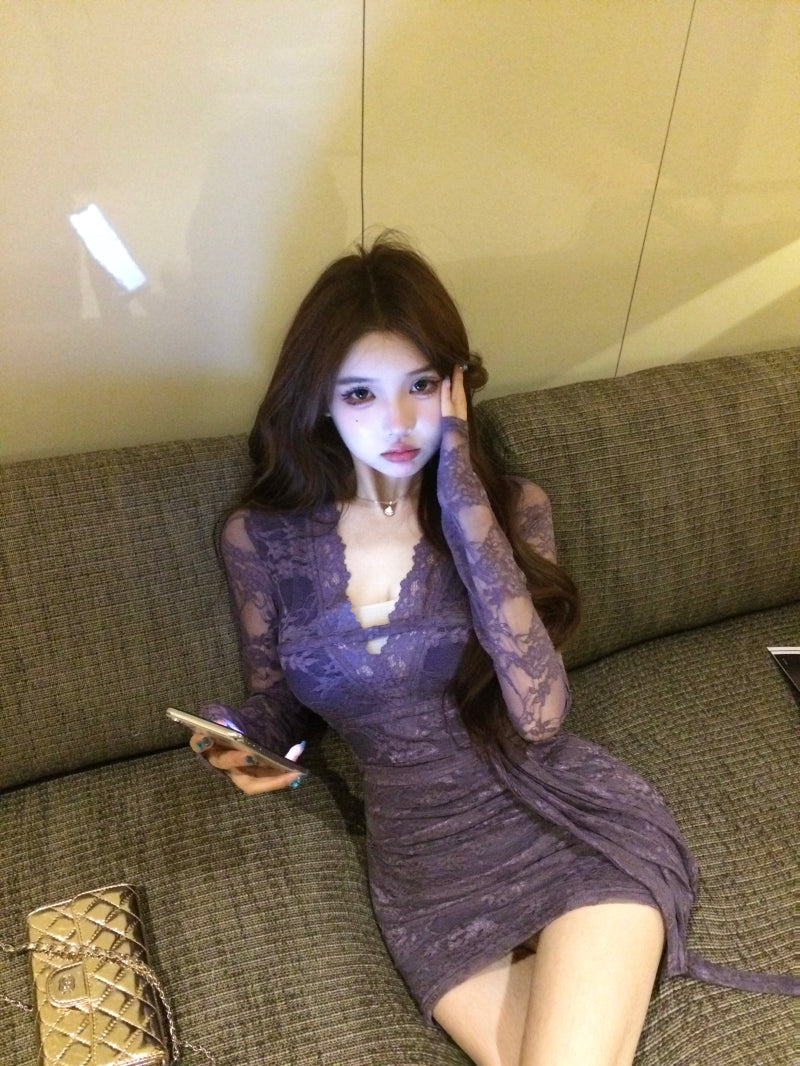 Elegant Purple Sheer Lace Long Sleeve Mini Skirt Vogue Bodycon Waist Tie Evening Events Short Dress AP2019