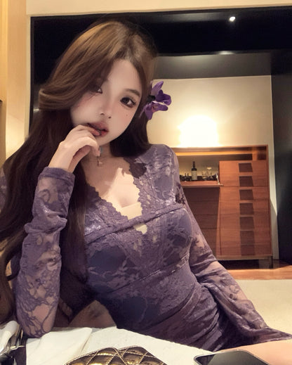 Elegant Purple Sheer Lace Long Sleeve Mini Skirt Vogue Bodycon Waist Tie Evening Events Short Dress AP2019
