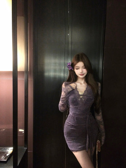 Elegant Purple Sheer Lace Long Sleeve Mini Skirt Vogue Bodycon Waist Tie Evening Events Short Dress AP2019