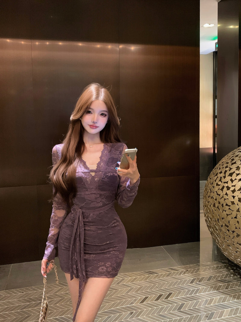 Elegant Purple Sheer Lace Long Sleeve Mini Skirt Vogue Bodycon Waist Tie Evening Events Short Dress AP2019