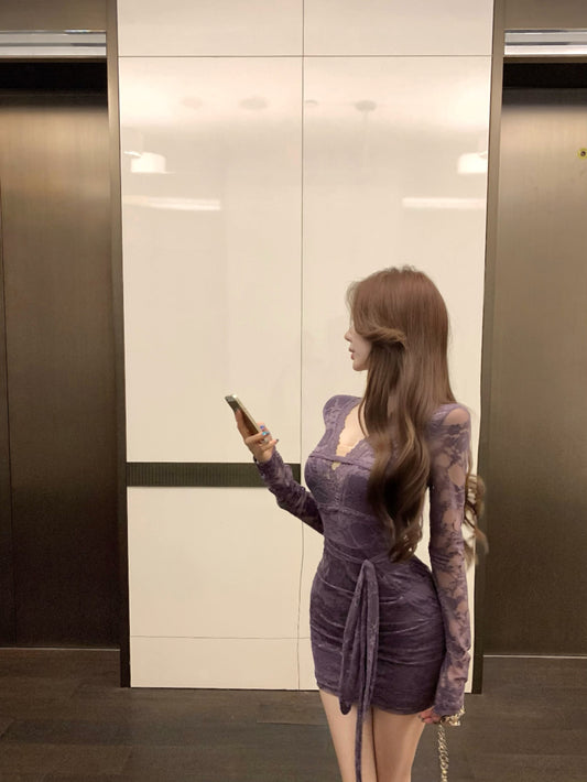 Elegant Purple Sheer Lace Long Sleeve Mini Skirt Vogue Bodycon Waist Tie Evening Events Short Dress AP2019