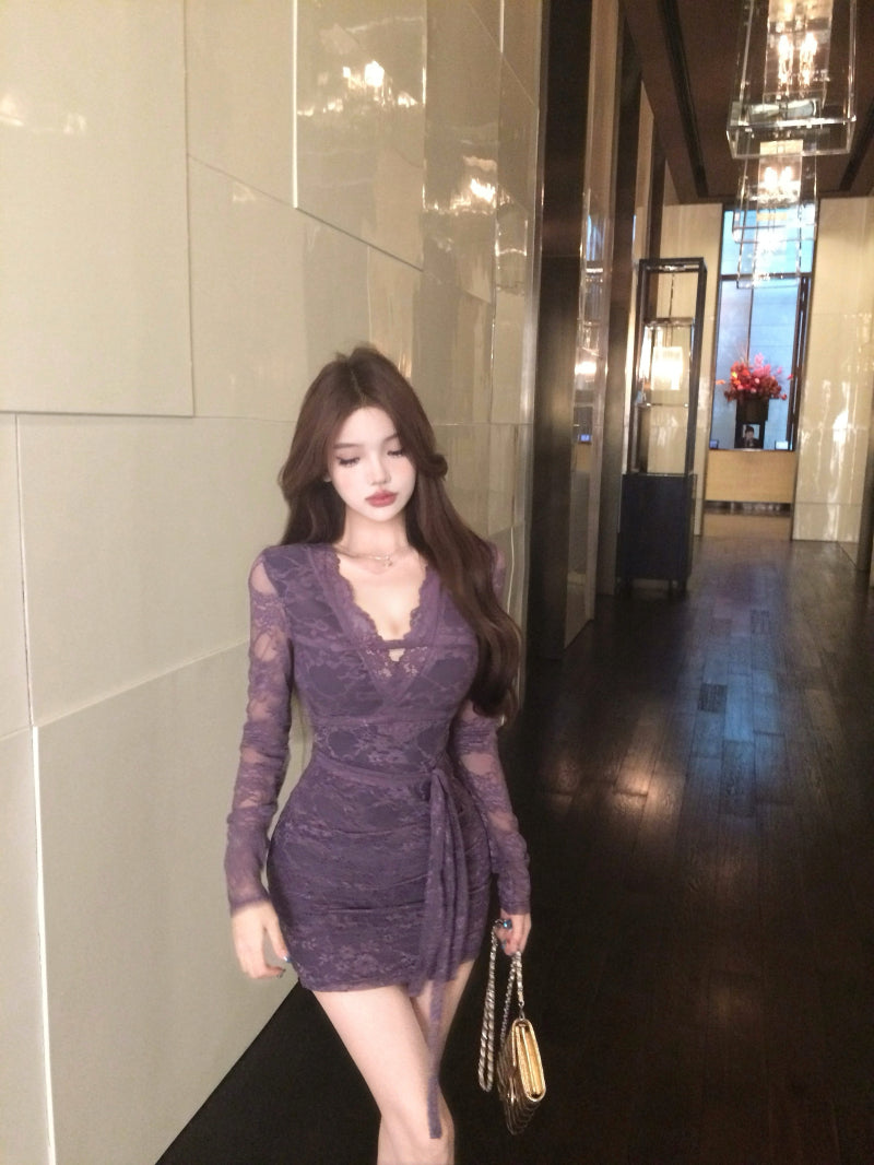 Elegant Purple Sheer Lace Long Sleeve Mini Skirt Vogue Bodycon Waist Tie Evening Events Short Dress AP2019
