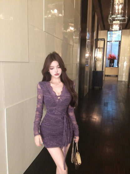 Elegant Purple Sheer Lace Long Sleeve Mini Skirt Vogue Bodycon Waist Tie Evening Events Short Dress AP2019