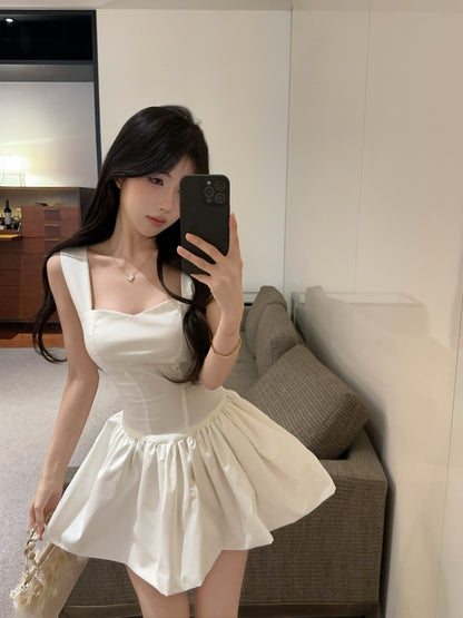 Romantic White Square Neck Satin Mini Dress Chic Puffy Hem Corset Waist Date Nights Short Dress AP2020