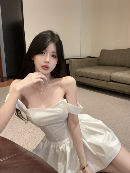 Romantic White Square Neck Satin Mini Dress Chic Puffy Hem Corset Waist Date Nights Short Dress AP2020
