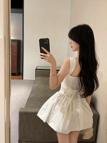 Romantic White Square Neck Satin Mini Dress Chic Puffy Hem Corset Waist Date Nights Short Dress AP2020