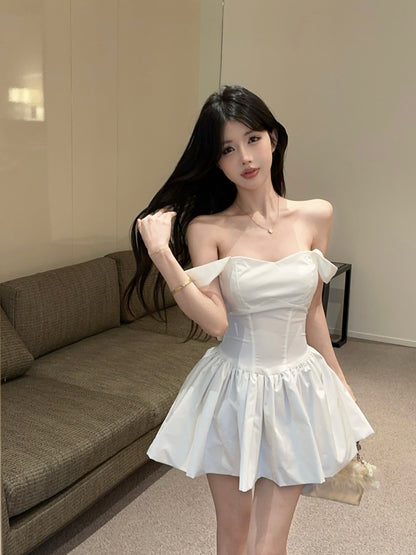 Romantic White Square Neck Satin Mini Dress Chic Puffy Hem Corset Waist Date Nights Short Dress AP2020