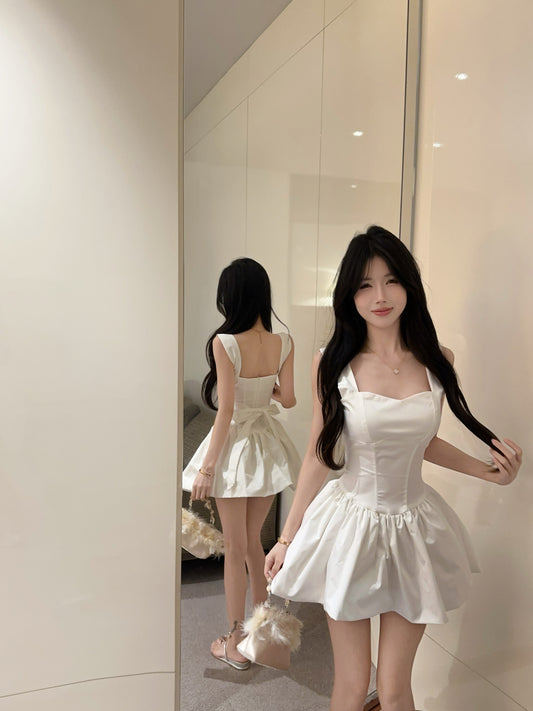 Romantic White Square Neck Satin Mini Dress Chic Puffy Hem Corset Waist Date Nights Short Dress AP2020