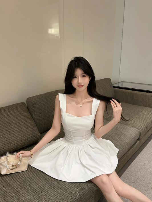 Romantic White Square Neck Satin Mini Dress Chic Puffy Hem Corset Waist Date Nights Short Dress AP2020