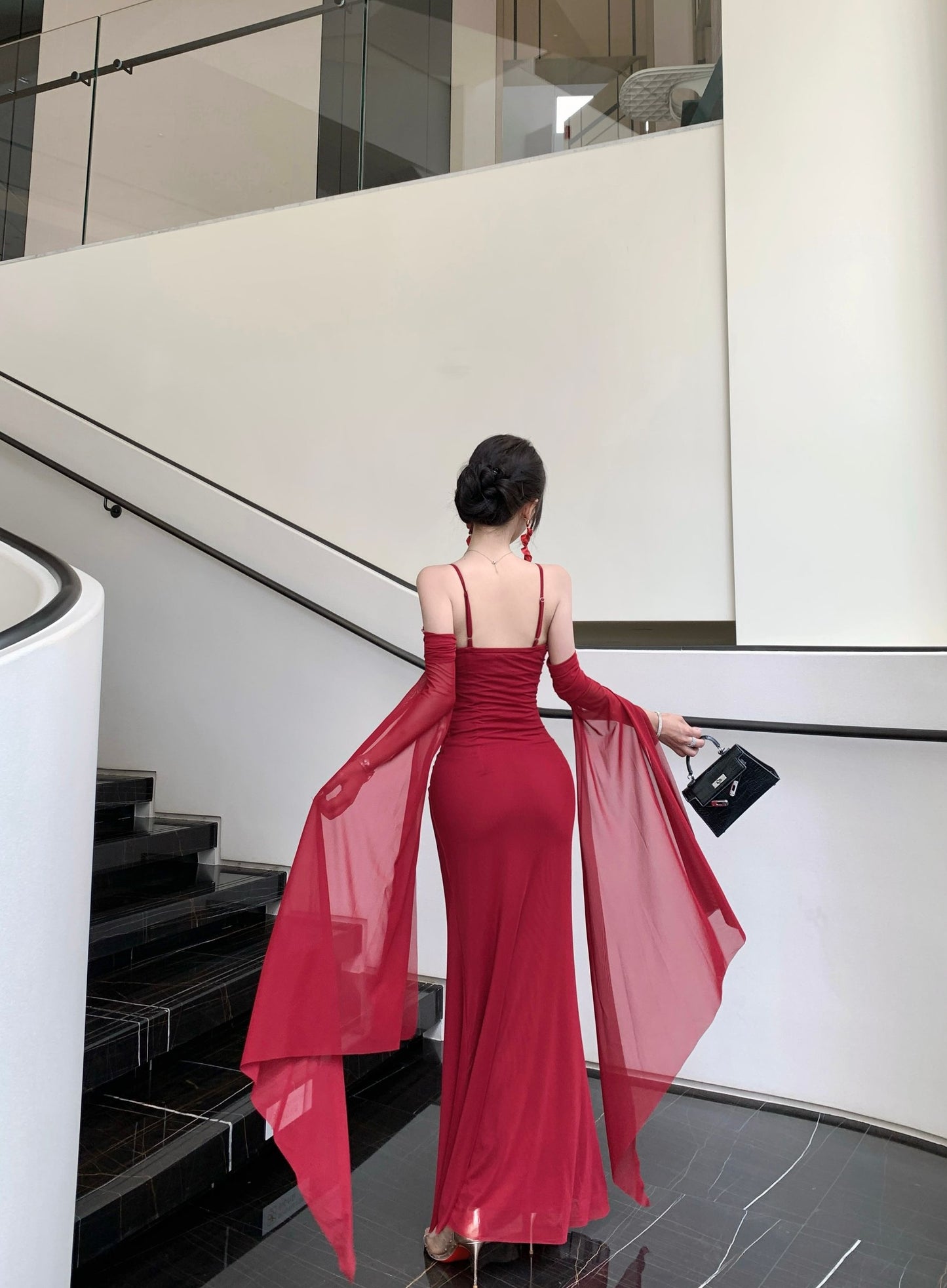 Graceful Red Off-Shoulder Sheer Mesh Flowing Sleeves Maxi Dress Alluring Floral Trimmed Evening Events Long Dress AP2021