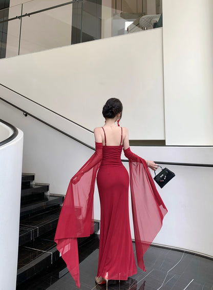 Graceful Red Off-Shoulder Sheer Mesh Flowing Sleeves Maxi Dress Alluring Floral Trimmed Evening Events Long Dress AP2021