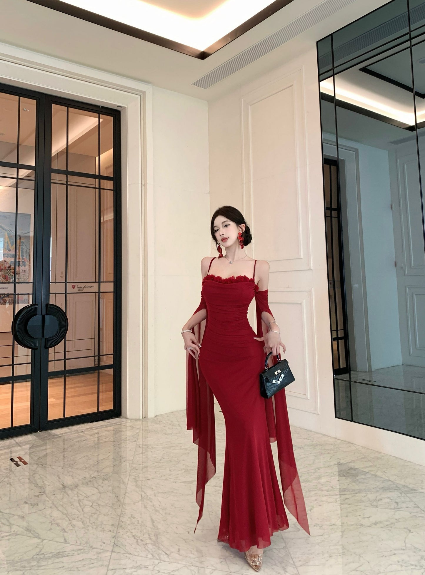 Graceful Red Off-Shoulder Sheer Mesh Flowing Sleeves Maxi Dress Alluring Floral Trimmed Evening Events Long Dress AP2021