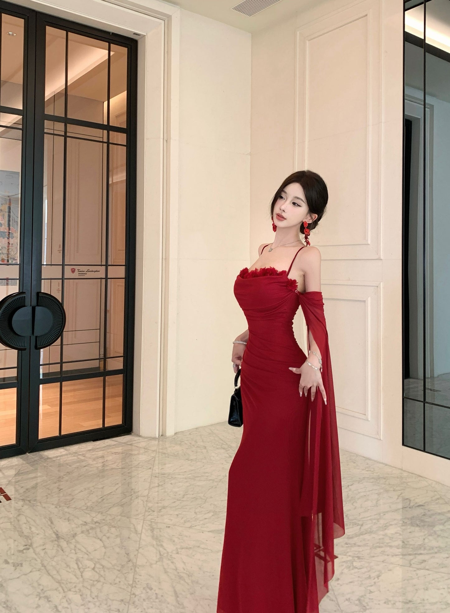 Graceful Red Off-Shoulder Sheer Mesh Flowing Sleeves Maxi Dress Alluring Floral Trimmed Evening Events Long Dress AP2021