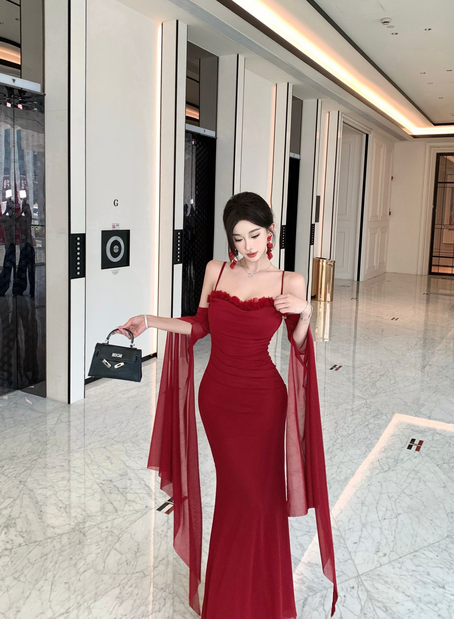 Graceful Red Off-Shoulder Sheer Mesh Flowing Sleeves Maxi Dress Alluring Floral Trimmed Evening Events Long Dress AP2021