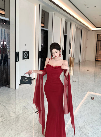 Graceful Red Off-Shoulder Sheer Mesh Flowing Sleeves Maxi Dress Alluring Floral Trimmed Evening Events Long Dress AP2021