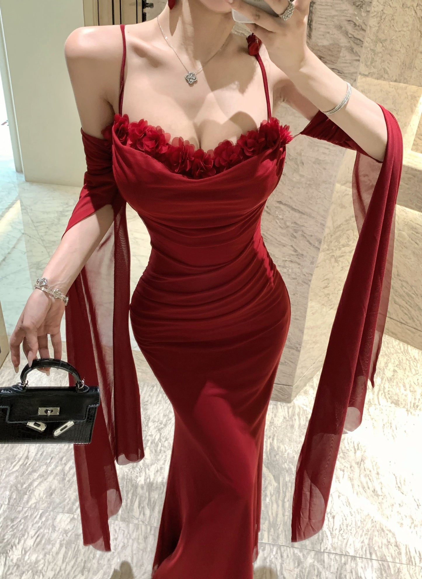 Graceful Red Off-Shoulder Sheer Mesh Flowing Sleeves Maxi Dress Alluring Floral Trimmed Evening Events Long Dress AP2021