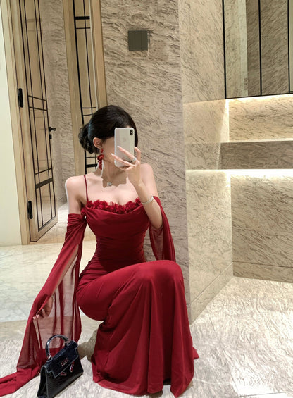 Graceful Red Off-Shoulder Sheer Mesh Flowing Sleeves Maxi Dress Alluring Floral Trimmed Evening Events Long Dress AP2021