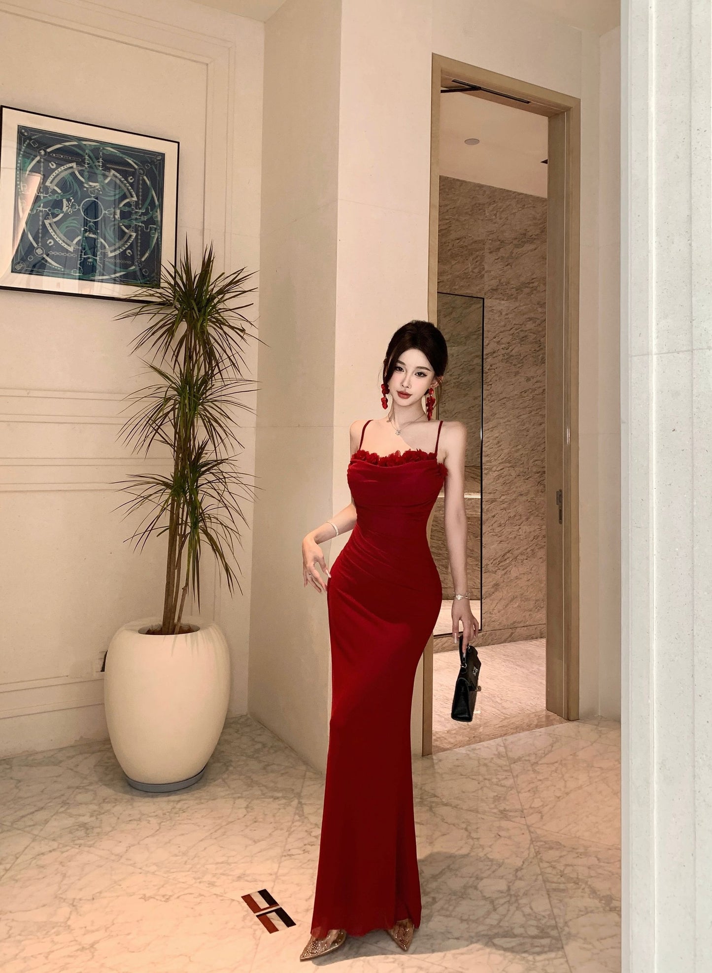 Graceful Red Off-Shoulder Sheer Mesh Flowing Sleeves Maxi Dress Alluring Floral Trimmed Evening Events Long Dress AP2021