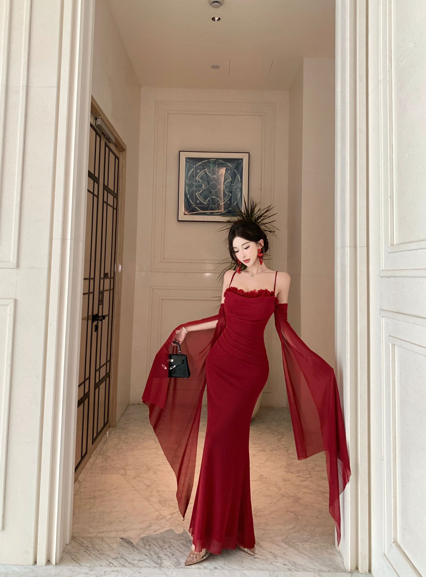 Graceful Red Off-Shoulder Sheer Mesh Flowing Sleeves Maxi Dress Alluring Floral Trimmed Evening Events Long Dress AP2021