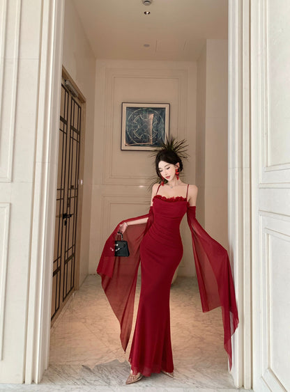 Graceful Red Off-Shoulder Sheer Mesh Flowing Sleeves Maxi Dress Alluring Floral Trimmed Evening Events Long Dress AP2021