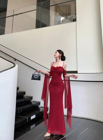 Graceful Red Off-Shoulder Sheer Mesh Flowing Sleeves Maxi Dress Alluring Floral Trimmed Evening Events Long Dress AP2021