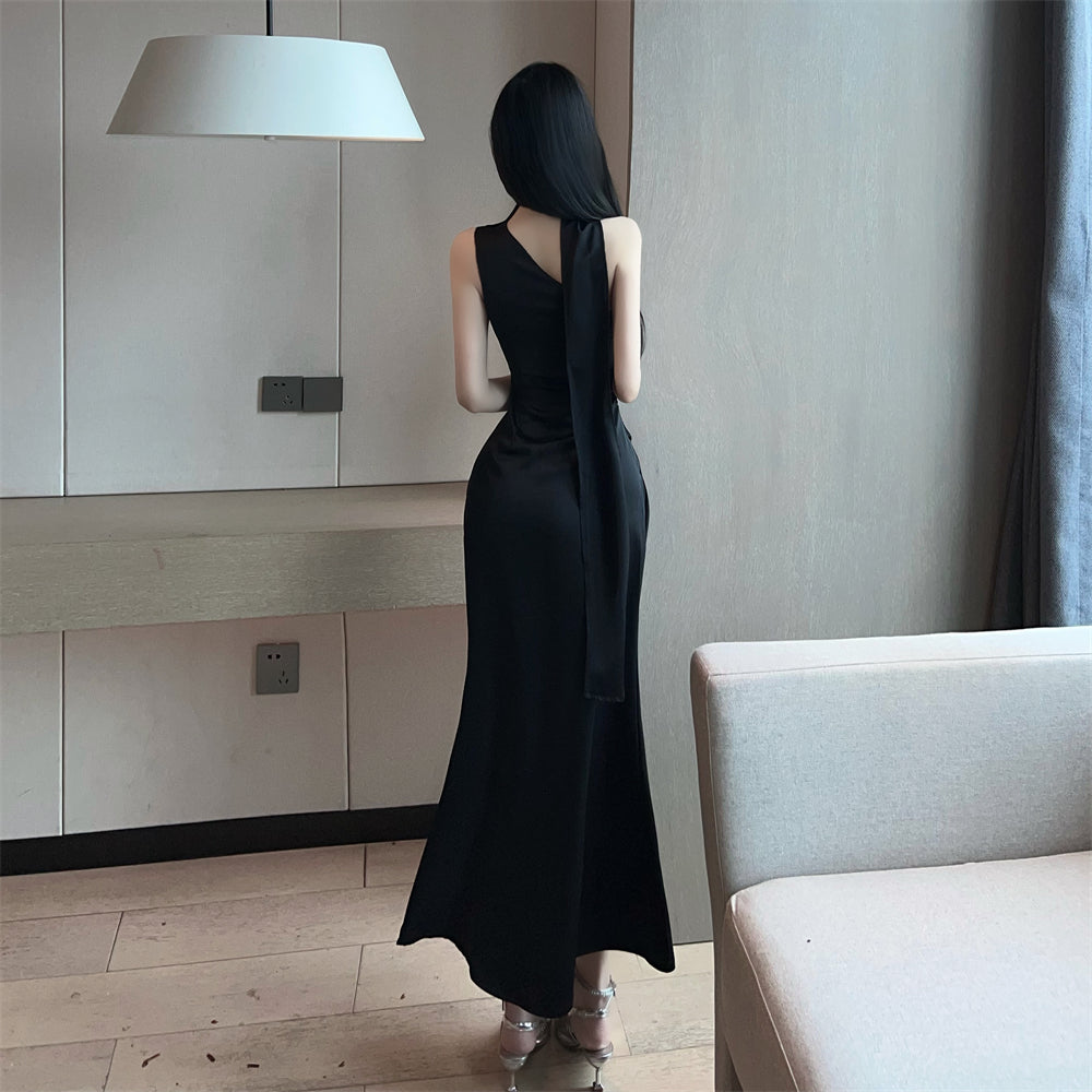Charming Black One-Shoulder Black Maxi Dress Fashionable Long Streamer Detail Long Dress AP2023