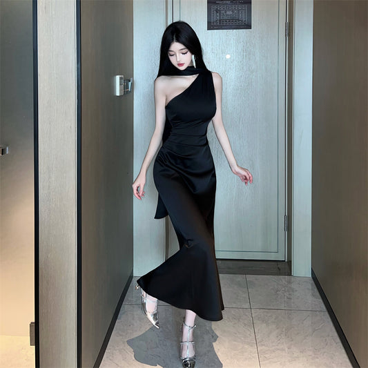 Charming Black One-Shoulder Black Maxi Dress Fashionable Long Streamer Detail Long Dress AP2023