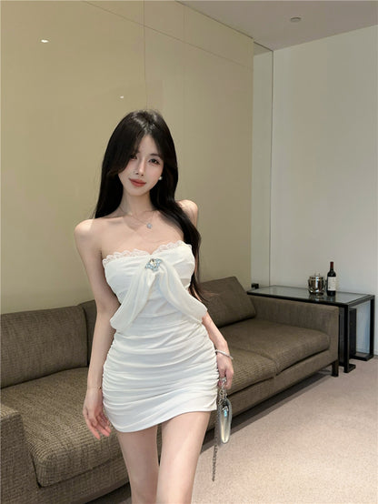 Charming Lace Trimmed Off-Shoulder Mini Skirt Stylish Summer Outfit Rhinestone Accent Bodycon Short Dress AP2024