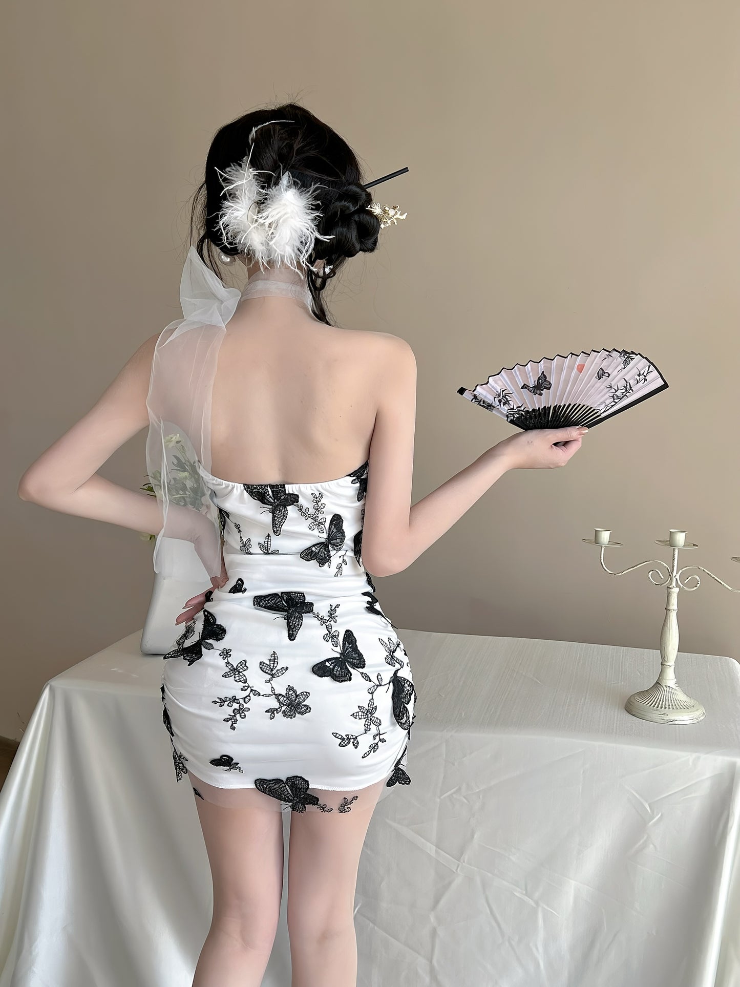 Retro Sheer White Mesh Overlay Mini Skirt Alluring Black Butterflies Print Date Nights Halter Short Dress AP2025