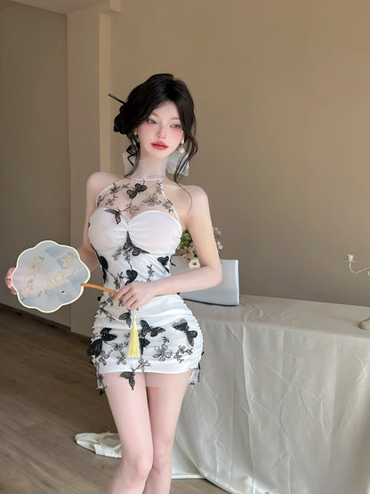 Retro Sheer White Mesh Overlay Mini Skirt Alluring Black Butterflies Print Date Nights Halter Short Dress AP2025