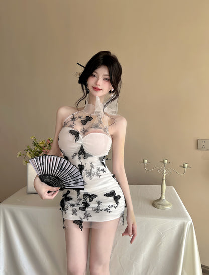 Retro Sheer White Mesh Overlay Mini Skirt Alluring Black Butterflies Print Date Nights Halter Short Dress AP2025