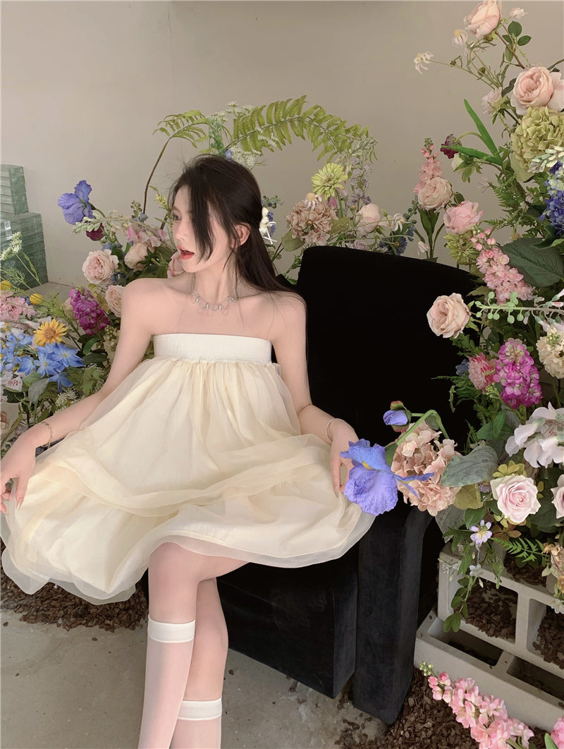 Romantic Beige Strapless Organza Mini Skirt Dreamy Party Nights Layered Puffy Short Dress AP2026