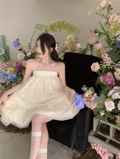 Romantic Beige Strapless Organza Mini Skirt Dreamy Party Nights Layered Puffy Short Dress AP2026