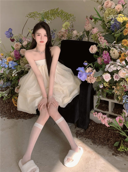 Romantic Beige Strapless Organza Mini Skirt Dreamy Party Nights Layered Puffy Short Dress AP2026