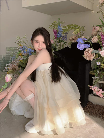 Romantic Beige Strapless Organza Mini Skirt Dreamy Party Nights Layered Puffy Short Dress AP2026
