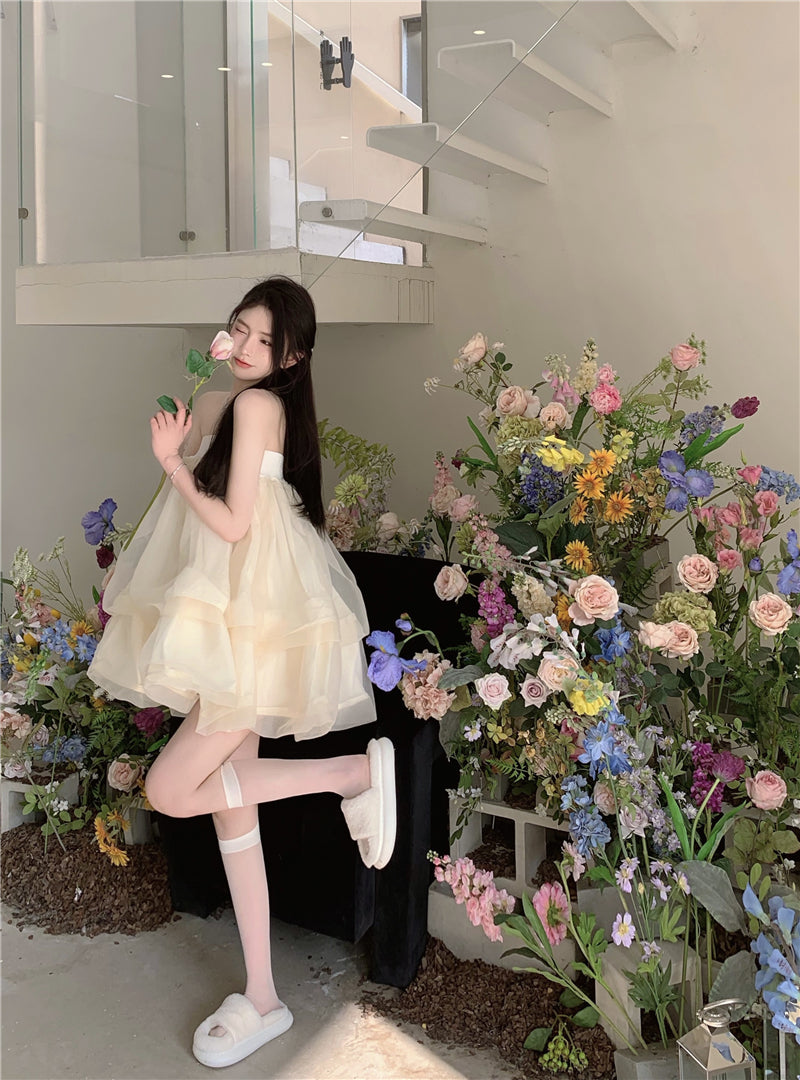 Romantic Beige Strapless Organza Mini Skirt Dreamy Party Nights Layered Puffy Short Dress AP2026