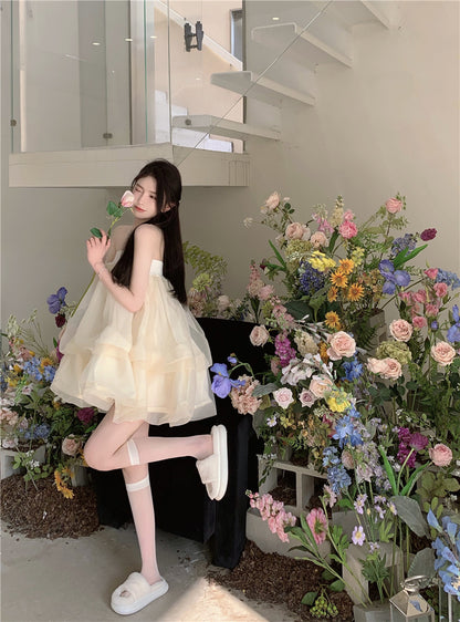 Romantic Beige Strapless Organza Mini Skirt Dreamy Party Nights Layered Puffy Short Dress AP2026