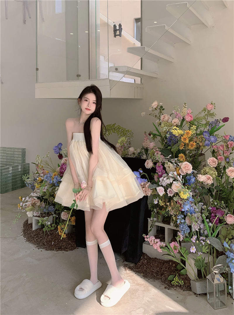 Romantic Beige Strapless Organza Mini Skirt Dreamy Party Nights Layered Puffy Short Dress AP2026
