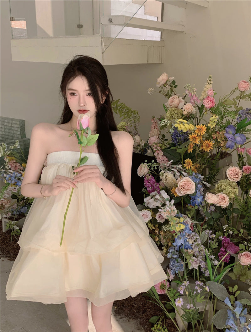 Romantic Beige Strapless Organza Mini Skirt Dreamy Party Nights Layered Puffy Short Dress AP2026