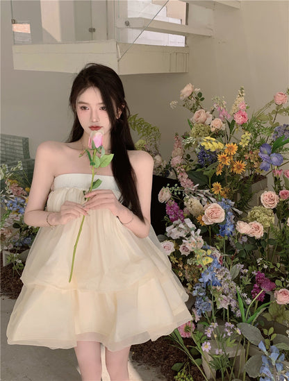 Romantic Beige Strapless Organza Mini Skirt Dreamy Party Nights Layered Puffy Short Dress AP2026