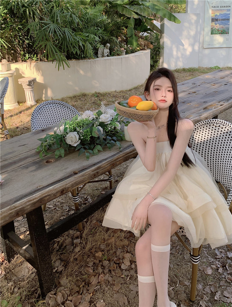 Romantic Beige Strapless Organza Mini Skirt Dreamy Party Nights Layered Puffy Short Dress AP2026