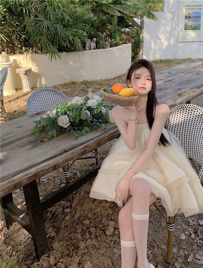 Romantic Beige Strapless Organza Mini Skirt Dreamy Party Nights Layered Puffy Short Dress AP2026