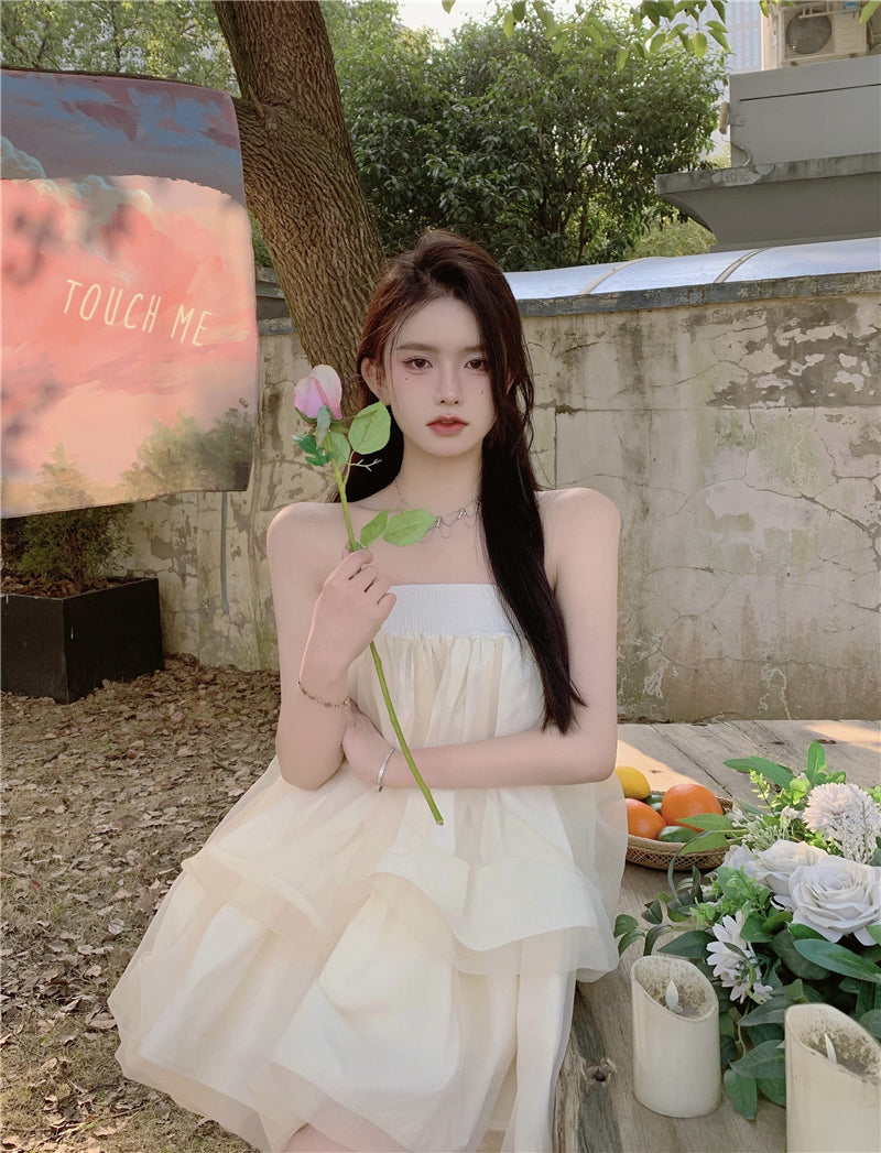 Romantic Beige Strapless Organza Mini Skirt Dreamy Party Nights Layered Puffy Short Dress AP2026