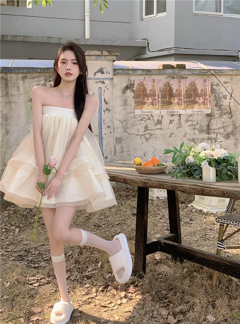 Romantic Beige Strapless Organza Mini Skirt Dreamy Party Nights Layered Puffy Short Dress AP2026